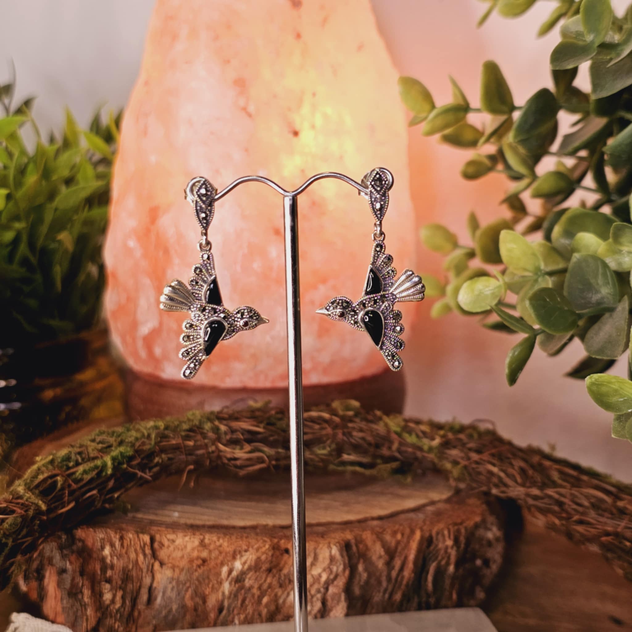 Marcasite, Onyx and Garnet Bird Earrings - Sterling Silver