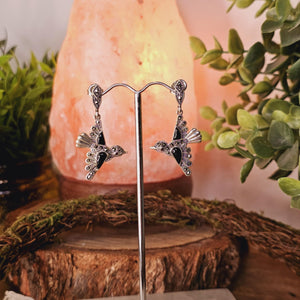 Marcasite, Onyx and Garnet Bird Earrings - Sterling Silver