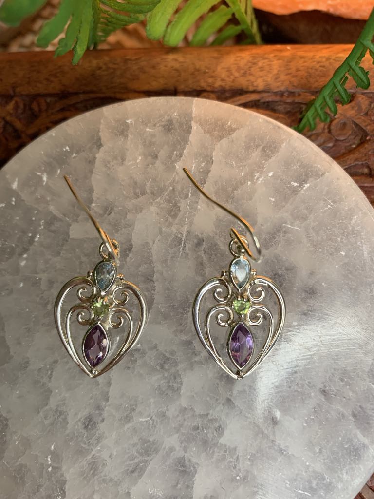 Filigree Amethyst, Blue Topaz, Peridot Earrings