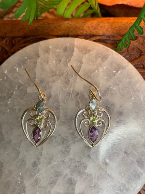 Filigree Amethyst, Blue Topaz, Peridot Earrings