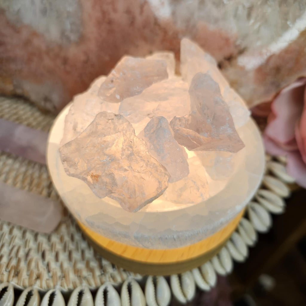 Selenite Bowl with Raw Rose Quartz Light