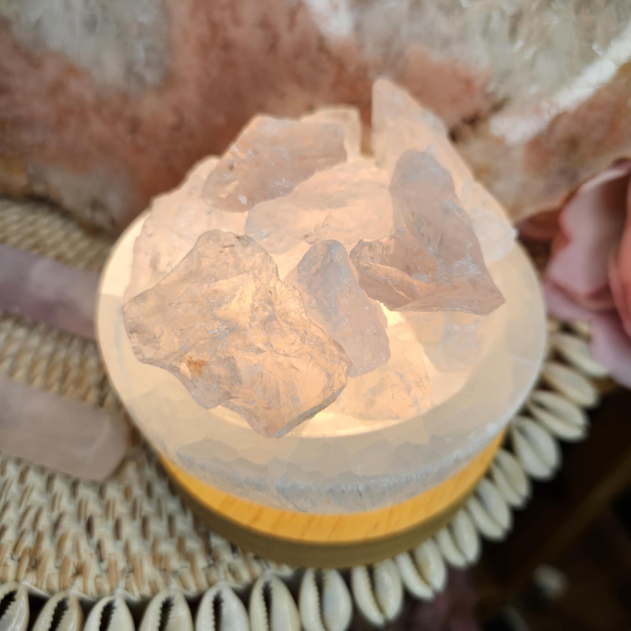 Selenite Bowl with Raw Rose Quartz Light