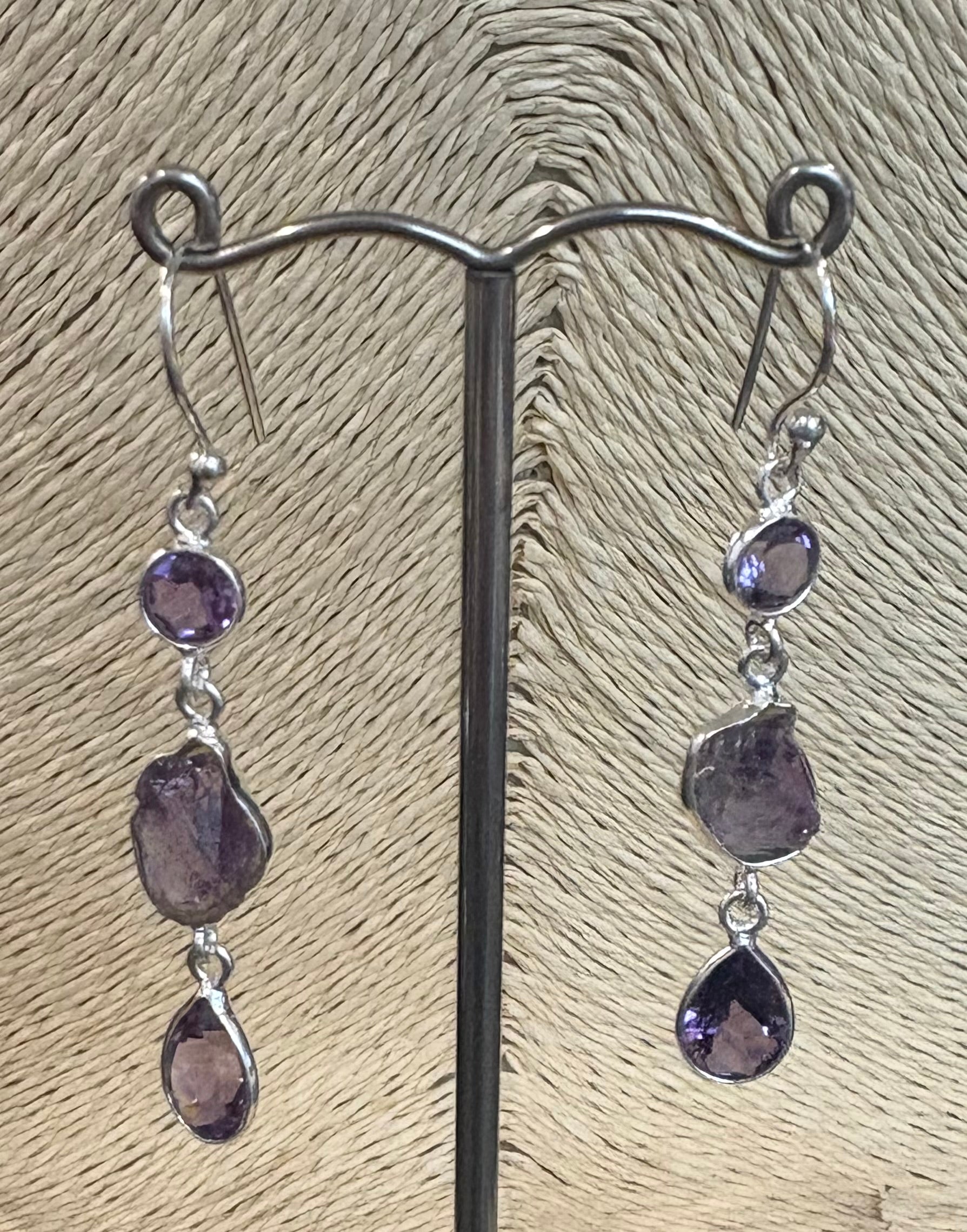 3 Stone Amethyst Drop Earrings