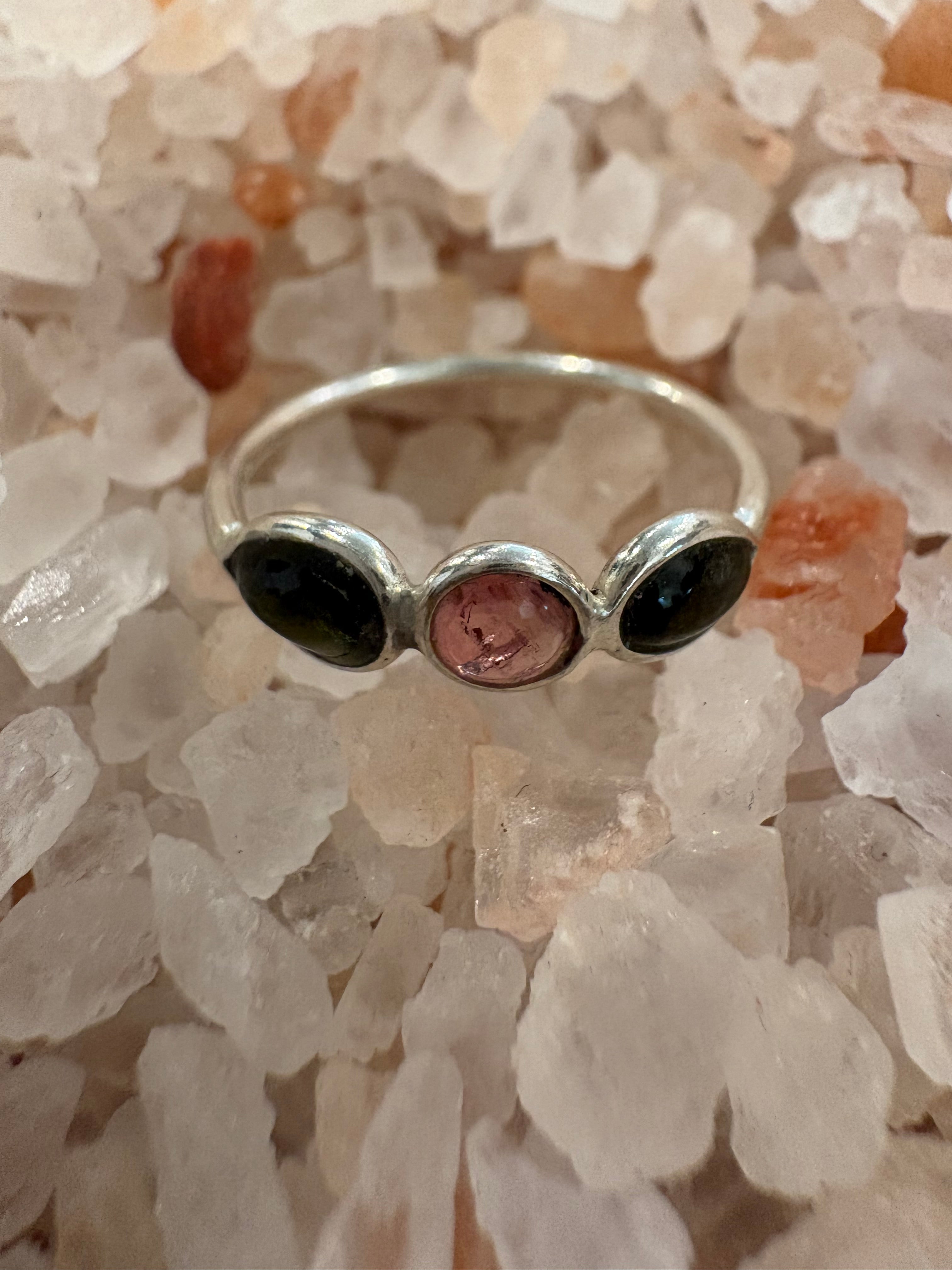 Coloured Tourmaline 3 Stone Silver Ring Size 6