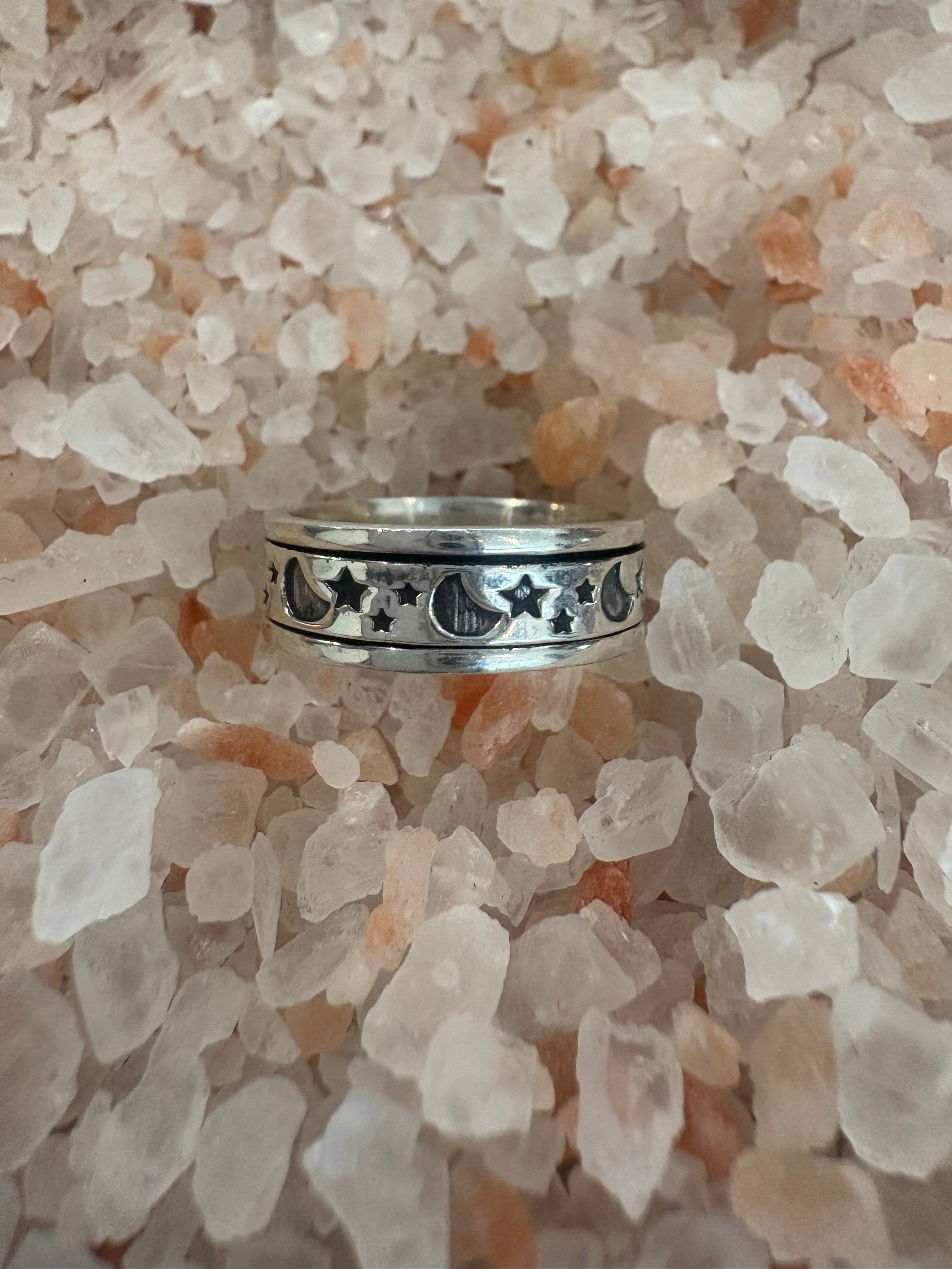Moon and Star Silver Spinner Ring