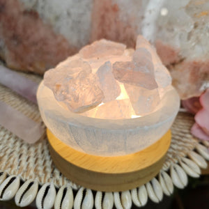 Selenite Bowl with Raw Rose Quartz Light