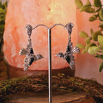 Marcasite, Onyx and Garnet Bird Earrings - Sterling Silver