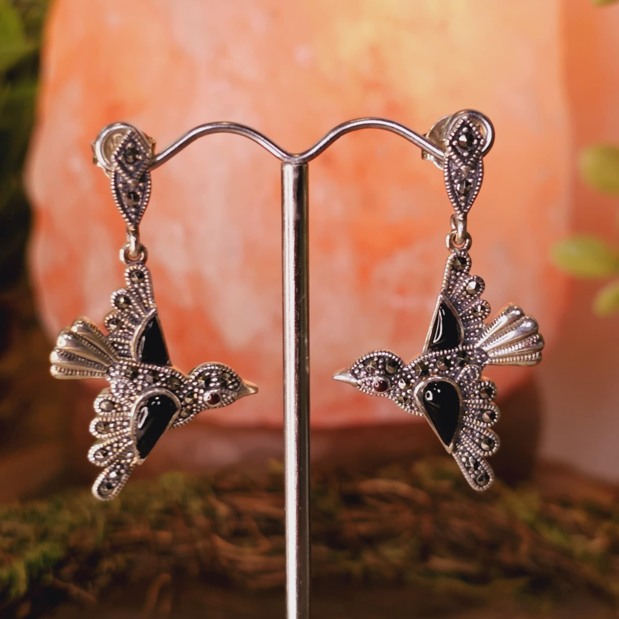 Marcasite, Onyx and Garnet Bird Earrings - Sterling Silver