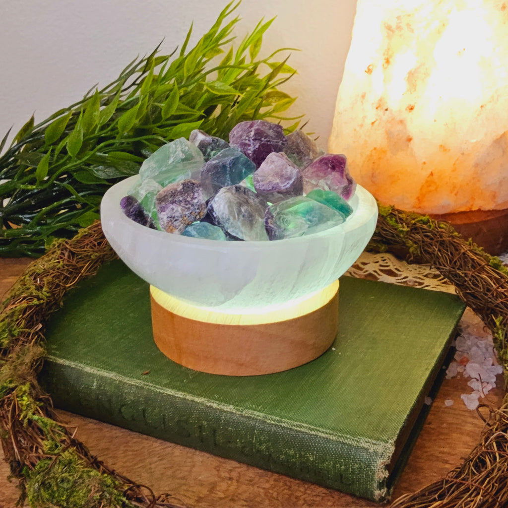 Selenite Bowl with Raw Rainbow Flourite light