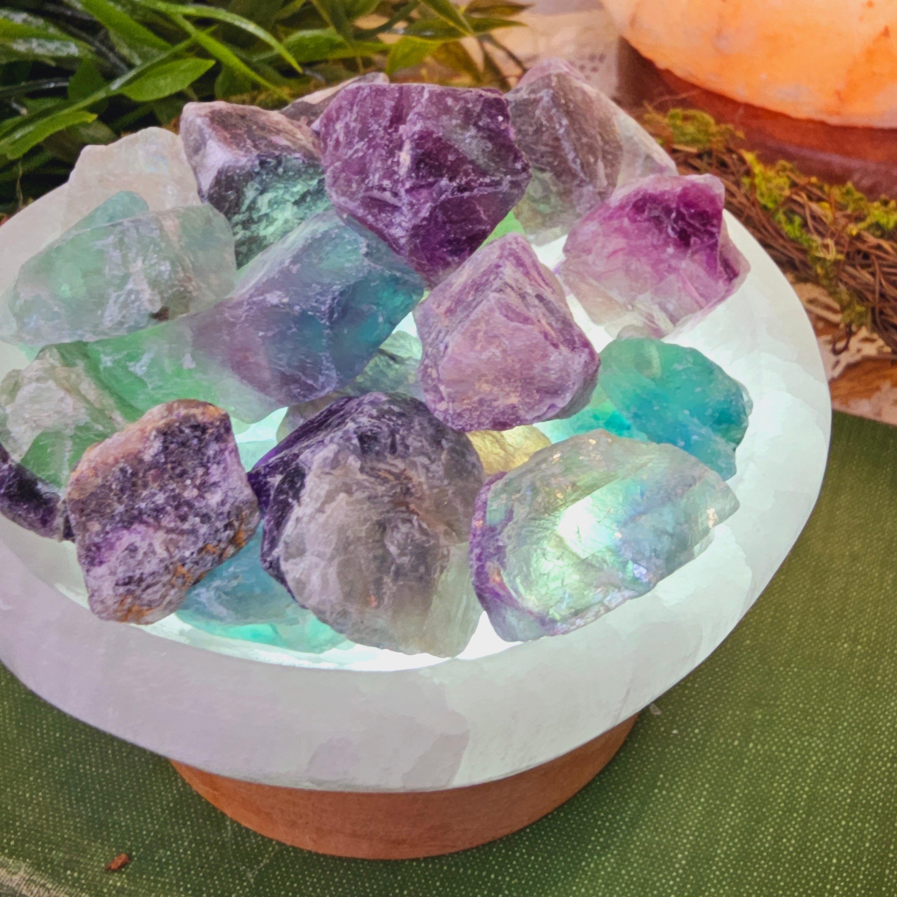 Selenite Bowl with Raw Rainbow Flourite light