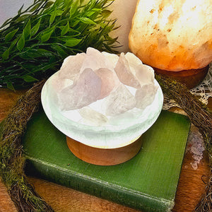 Selenite Bowl with Raw Rose Quartz Light