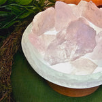 Selenite Bowl with Raw Rose Quartz Light