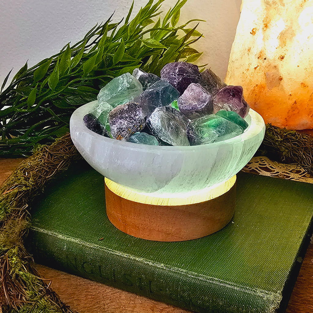 Selenite Bowl with Raw Rainbow Flourite light