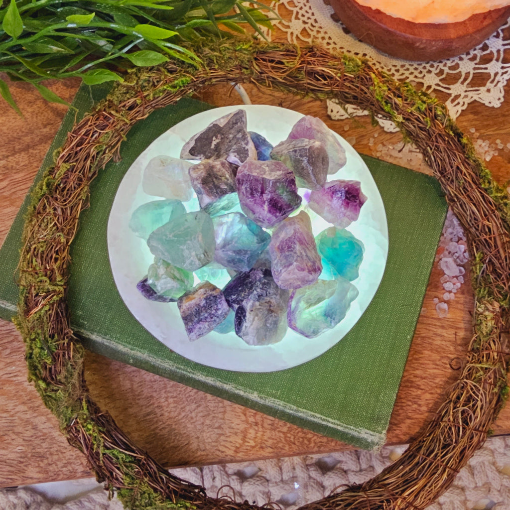 Selenite Bowl with Raw Rainbow Flourite light