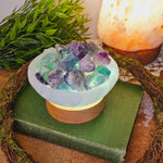 Selenite Bowl with Raw Rainbow Flourite light