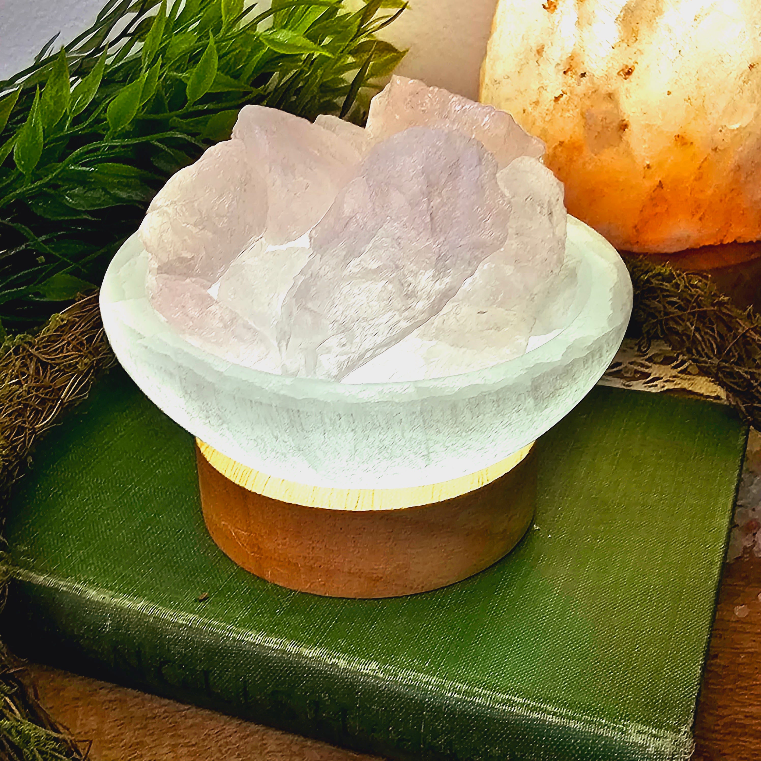 Selenite Bowl with Raw Rose Quartz Light